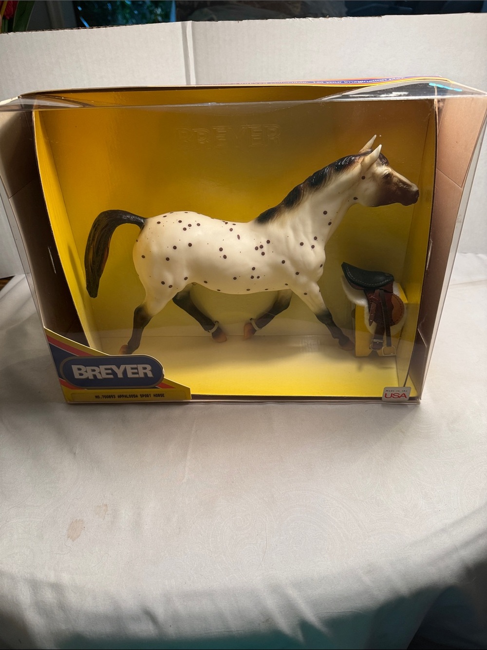 NIB Breyer Cream and Dark Brown Appaloosa Horse Figurine w saddle original box